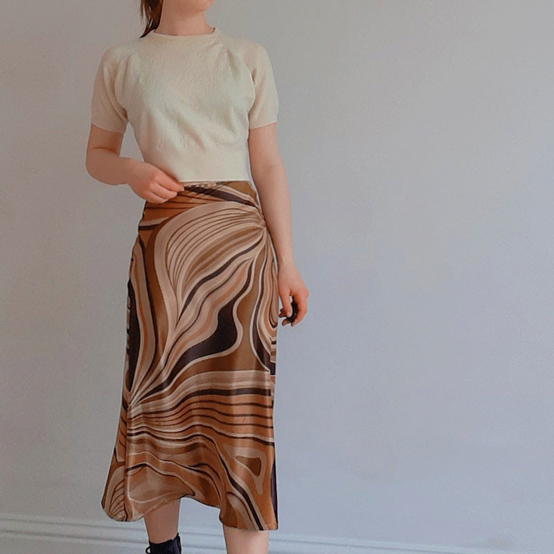 Irregular Stripes Printed Satin Skirt Women